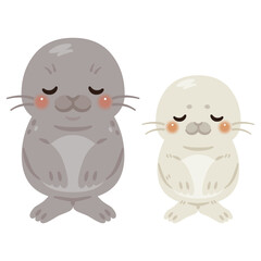 Obraz premium お辞儀するアザラシ親子キャラクターイラスト／Cute Parent and Baby Seal Characters Bowing, Illustration