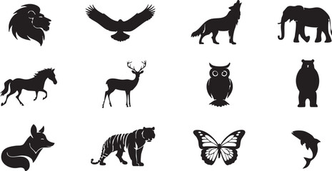 Fototapeta premium Black silhouettes of various animals on a white background including lion, bird, wolf, elephant, horse, deer, owl, bear, fox, tiger, butterfly, dolphin