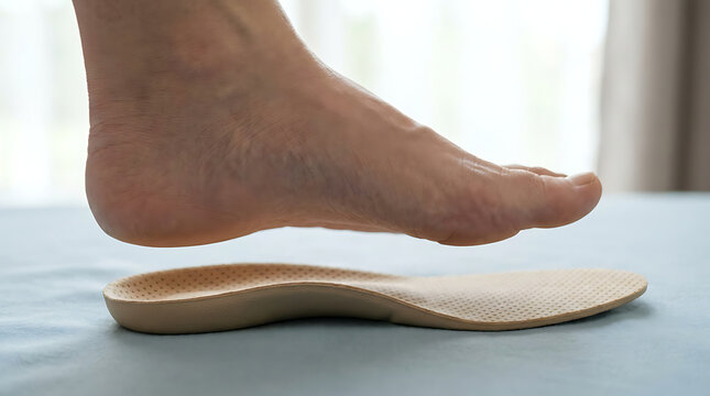 Close-up of a human foot hovering above a custom orthotic insole, promoting foot health and comfort
