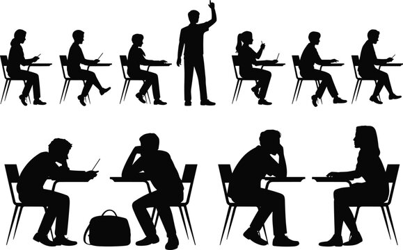 Silhouette illustration of students and teacher in classroom setting, showcasing study, writing, and collaborative learning for creative education projects