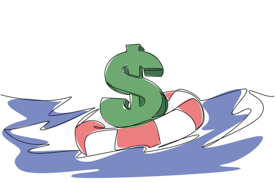 Stunning one line drawing displays a dollar symbol resting inside a lifebuoy over sea water for a business rescue concept. The wonderful colored visual perfectly suits a financial agency banner.