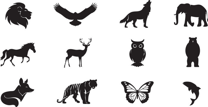 Black silhouettes of various animals on a white background including lion, bird, wolf, elephant, horse, deer, owl, bear, fox, tiger, butterfly, dolphin