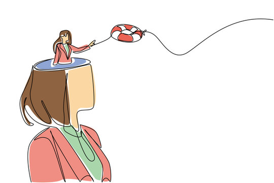 Continuous line drawing featuring a beauty businesswoman inside an open giant head throwing a lifebuoy. Illustrates a mental health concept perfectly tailored for a psychology workshop banner.