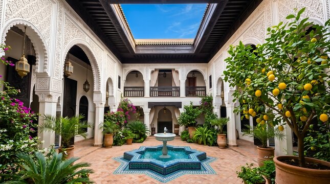 Traditional Moroccan riad courtyard with star-shaped fountain, intricate white architecture, lush plants, and a lemon tree under a blue sky.