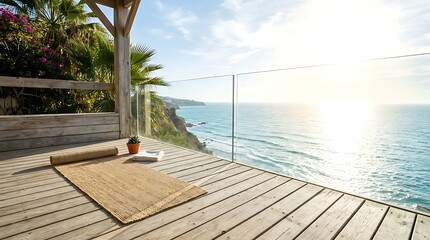 Obraz premium Serene wooden deck overlooking a tranquil ocean at sunrise with a yoga mat and book, perfect for wellness and travel