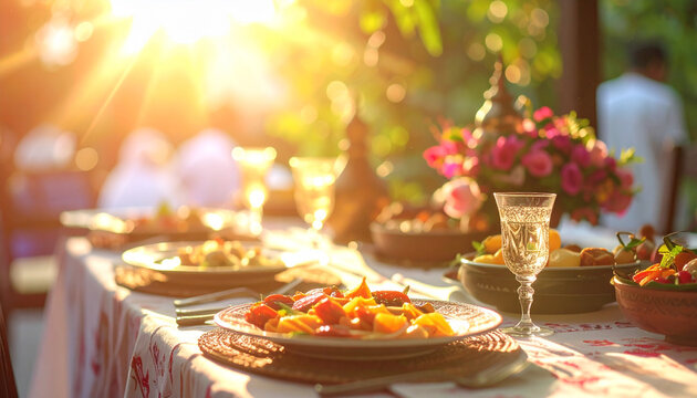 Outdoor table setting with food and drinks
