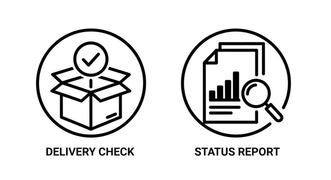 Logistics delivery check and business status report document icons with delivery