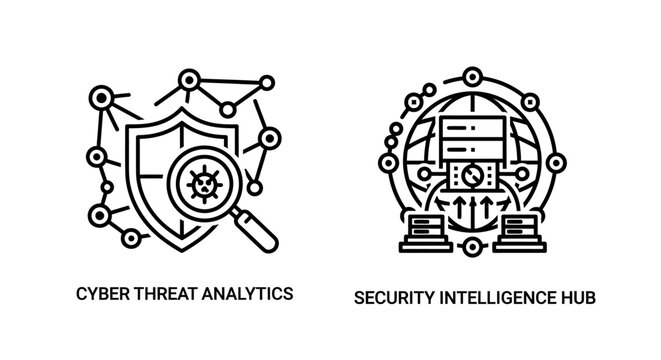 Cyber threat analytics and security intelligence hub icons with security