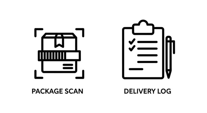 Package scan and delivery log clipboard line art icons with delivery, clipboard