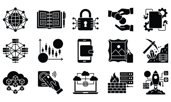 Blockchain And Cybersecurity Technology Silhouette Icons Collection For Digital Innovation
