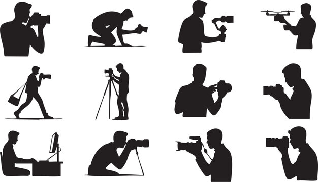 Silhouette illustrations of photographers in various poses with cameras and equipment