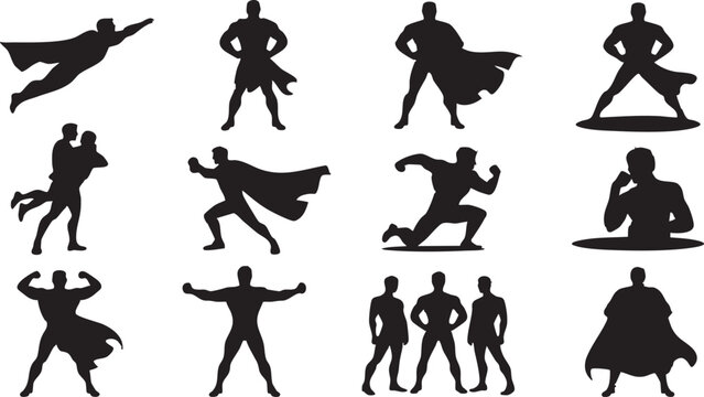 Various superhero poses and silhouettes for creative design projects
