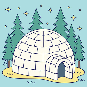 Snow igloo home amidst evergreen forest.