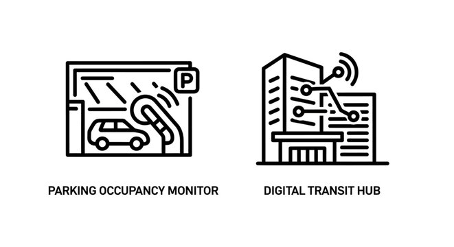 Parking occupancy monitor and digital transit hub icons with occupancy, building