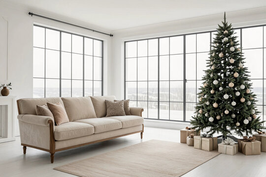 Large white living room with a vintage sofa and a large Christmas tree with gifts and large panoramic windows.