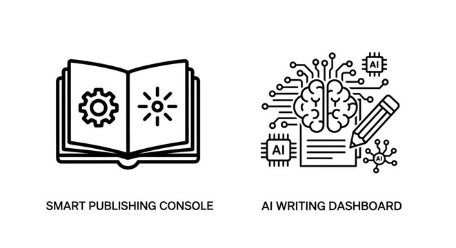 Smart publishing console and AI writing dashboard icons with publishing