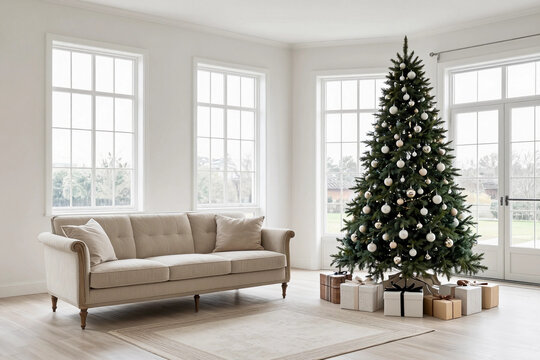 Large white living room with a vintage sofa and a large Christmas tree with gifts and large panoramic windows.