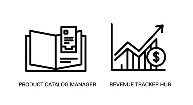 Product catalog manager and revenue tracker icons with financial, business
