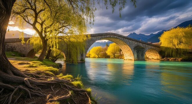Stone bridge spans a river with trees and mountains in the background