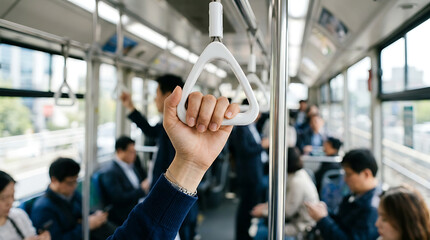Fototapeta premium Close-up of a person holding onto a handle while commuting on a public train with other passengers