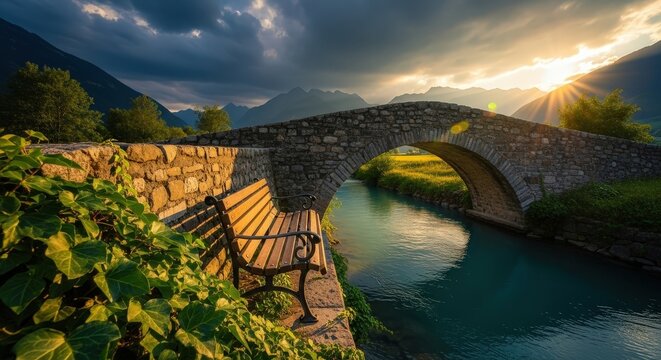 Small stone bridge over a river with a bench