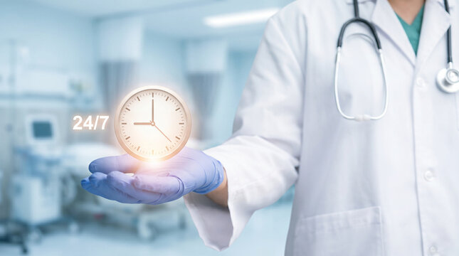 Doctor holding 24/7 clock icon, symbolizing emergency care, medical support, healthcare service, and patient access.