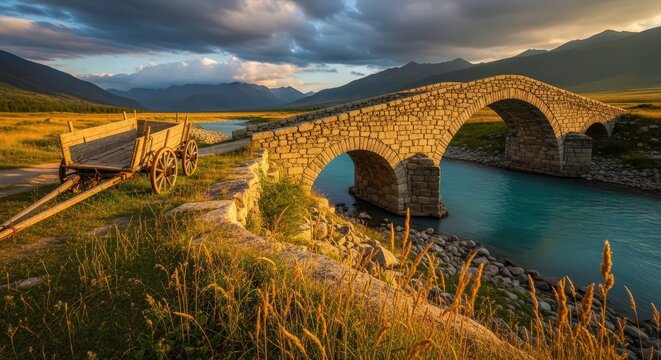 Rustic stone bridge spans a river with a wagon on the grassy bank