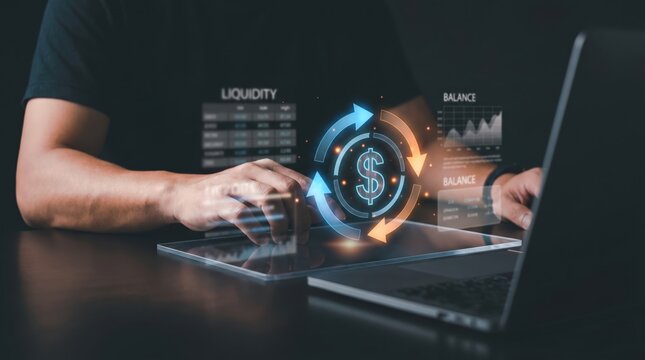Fintech Cash Flow Concept: Hands Hovering Over Holographic Interface Showing Inflow and Outflow Cycle, Liquidity Data Grids, and Balance Sheets in Cinematic Lighting