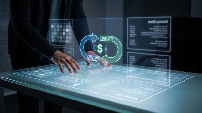 Fintech Cash Flow Concept: Hands Hovering Over Holographic Interface Showing Inflow and Outflow Cycle, Liquidity Data Grids, and Balance Sheets in Cinematic Lighting