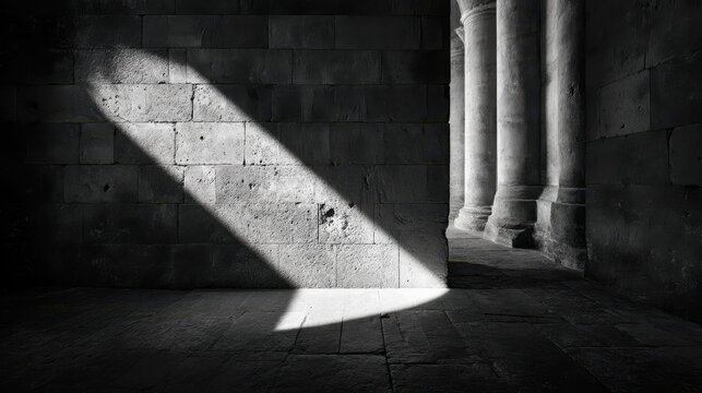 Aged limestone wall interior with dramatic diagonal light beam and architectural columns. Black and white photography of weathered stone blocks with deep shadows and textured surfaces.