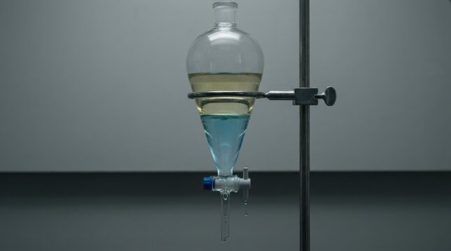 Glass separating funnel with distinct blue and yellow immiscible liquid layers held by a metal ring clamp on a retort stand in a laboratory for scientific chemical extraction.