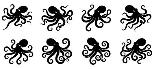 Octopus sea creature silhouettes with curling tentacles. underwater animal icons for marine life and ocean nature © Nayan
