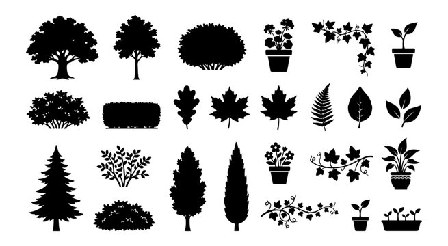 Nature and forest symbols with squirrel and acorn. black silhouette icons including pine tree mushroom and bird nest