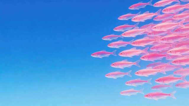 Growth and Expansion in Business and Career Development shown through a school of pink fish swimming together against a gradient blue sky, symbolizing teamwork and moving forward in professional life.
