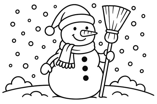 Charming black-and-white snowman illustration offers bold lines, seasonal accessories, and simple printable coloring fun.
