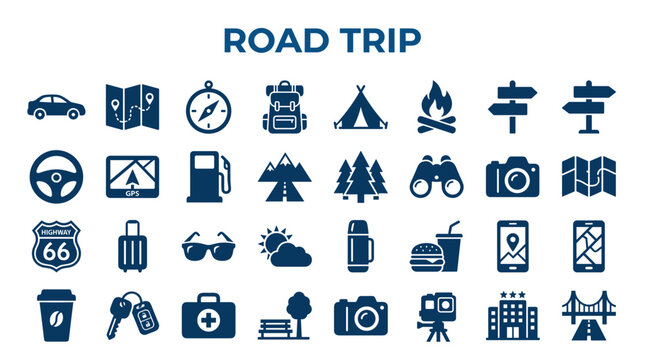 Road trip icons collection representing travel adventure and exploration with symbols of car map compass tent campfire navigation luggage sunglasses coffee and city buildings