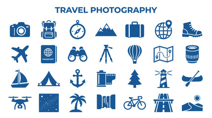Collection of travel and adventure icons for tourism and exploration themes © Iconique Studio