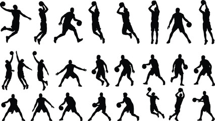 Basketball Player Silhouette Vector Set Featuring Dribbling Shooting Jumping and Sports Action Poses for Design Projects © MdMijanur