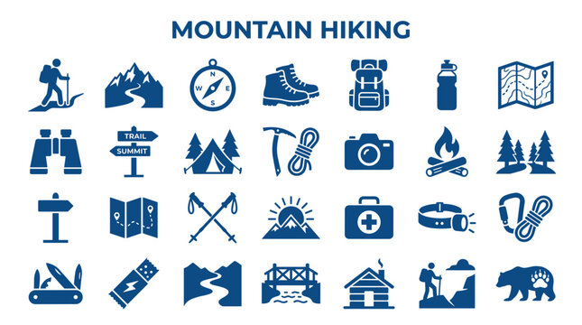 Collection of mountain hiking and outdoor adventure icons and symbols for travel and recreation concepts