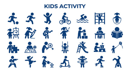 Diverse Kids Activities and Hobbies Collection Icons Representing Childhood Fun Learning and Playtime Engagements © Iconique Studio