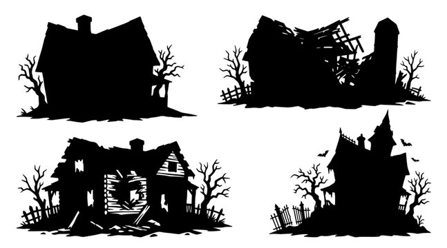 A collection of four distinct silhouette illustrations of spooky, dilapidated houses and farm buildings,.