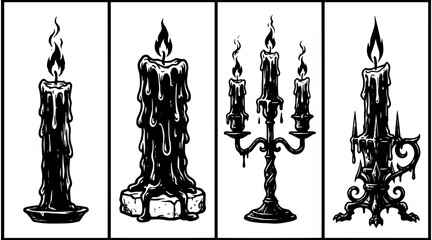 A collection of four vintage-style candles with dripping wax, presented in black and white illustration. Two candles are in ornate holders, one is a candelabra, and one stands alone on a block. © MDSHOFIULAZAM