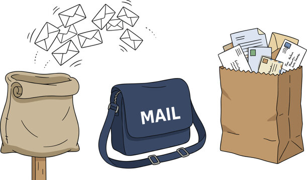 Mail Delivery System with Postman Bag, Mail Sack, and Flying Envelopes in a Cartoon Style Illustration