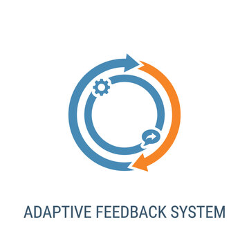 Adaptive feedback system icon, circular gear with orange loop, continuous learning concept, quality improvement workshop, systems thinking training, vector illustration