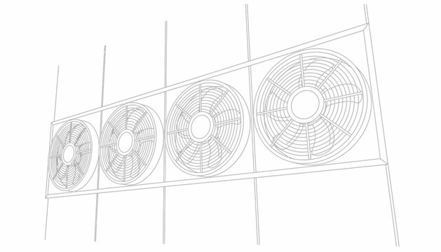 Technical wireframe drawing of a row of four industrial ventilation fans mounted on a wall, captured at a Dutch tilt angle, featuring clean black line art on a white background.