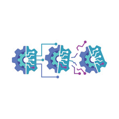 Fototapeta premium Process automation chain, linked gears with signal nodes, workflow integration concept, digital transformation training, efficiency improvement workshop, systems engineering vector