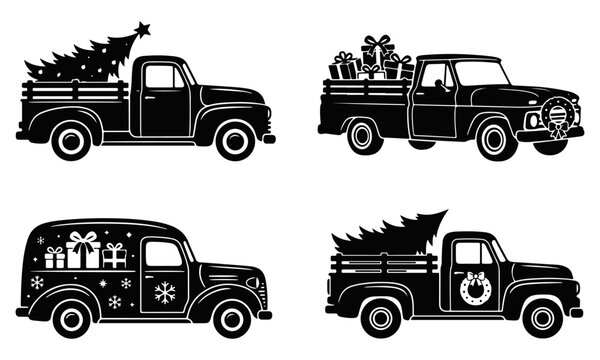 Christmas tree and gift pickup truck transport vector set isolated on white background. delivery and cargo vehicle illustration collection for logistics design