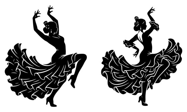 Dancer women's silhouette vector isolated on white background, spanish cultural performance illustration for festival and music design