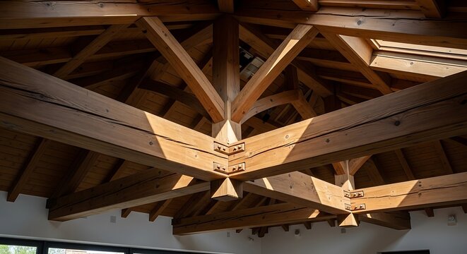 Architectural wooden roof truss with exposed timber beams and natural light