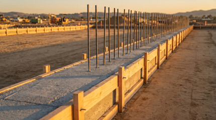 Obraz premium Rebar and concrete foundation set at a construction site during golden hour, highlighting new building development